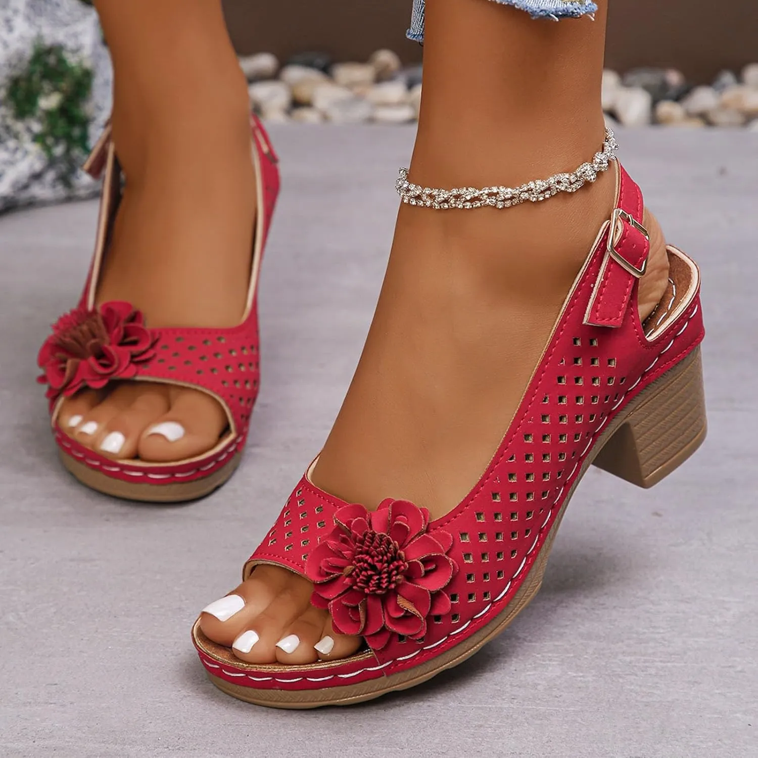 Chunky Heel Sandals for Women 2025,Open Toe Summer Casual Hollow Out Floral Hollow Out Block Heeled Cut-Out Party Dress Wedding Shoes