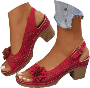 Chunky Heel Sandals for Women 2025,Open Toe Summer Casual Hollow Out Floral Hollow Out Block Heeled Cut-Out Party Dress Wedding Shoes