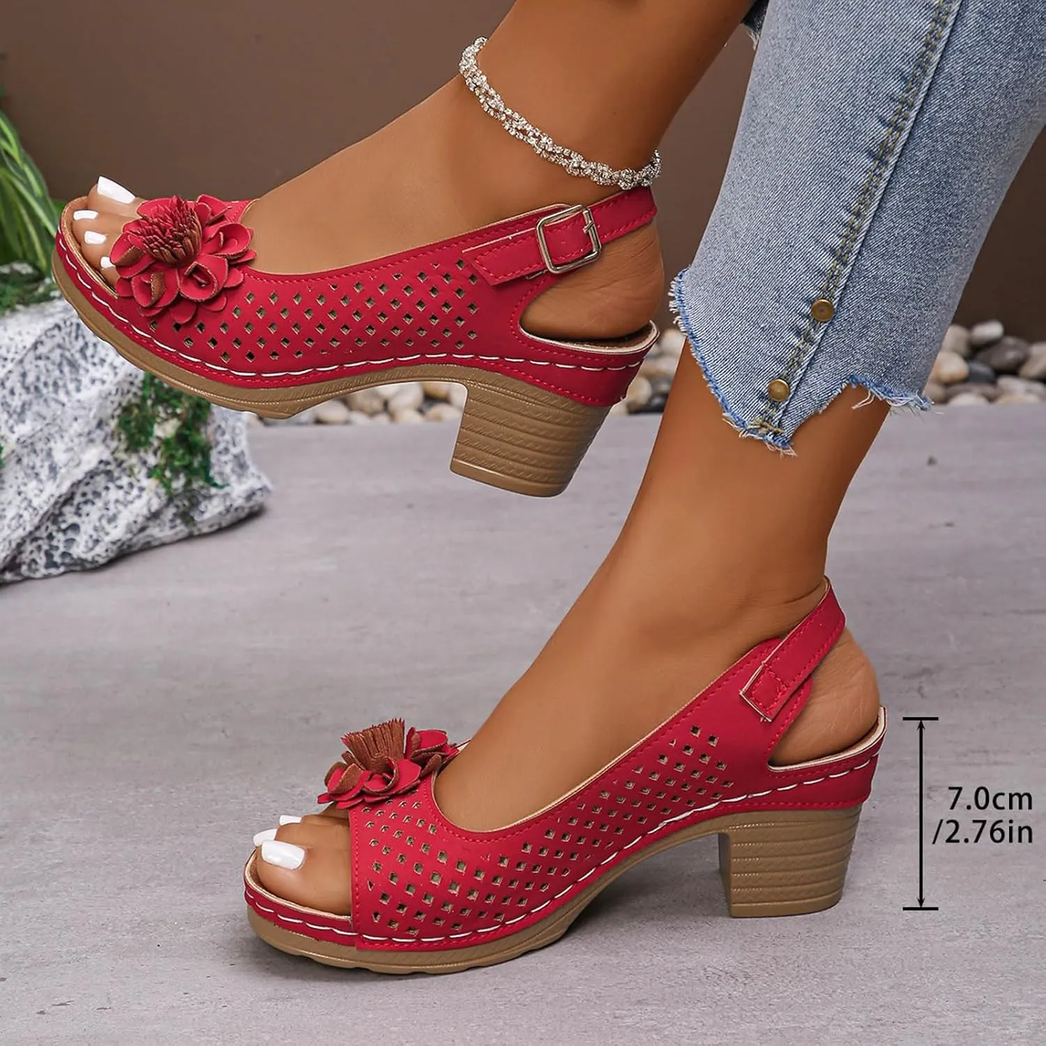 Chunky Heel Sandals for Women 2025,Open Toe Summer Casual Hollow Out Floral Hollow Out Block Heeled Cut-Out Party Dress Wedding Shoes