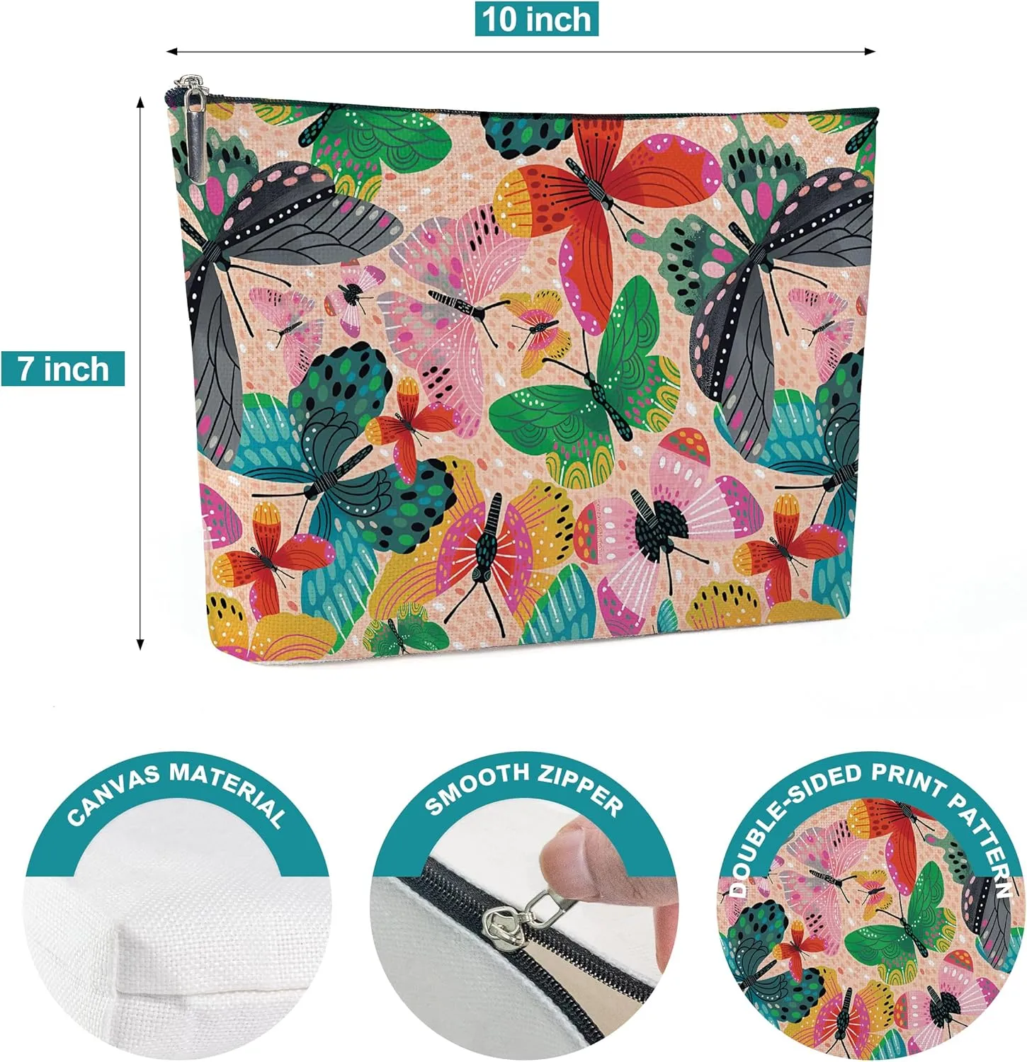 Colorful Canvas Makeup Bag, Butterfly Cosmetic Bag, Cosmetic Bags for Women, Graduation Gifts for Her Christmas Gifts, Travel Makeup Bag-MKB27