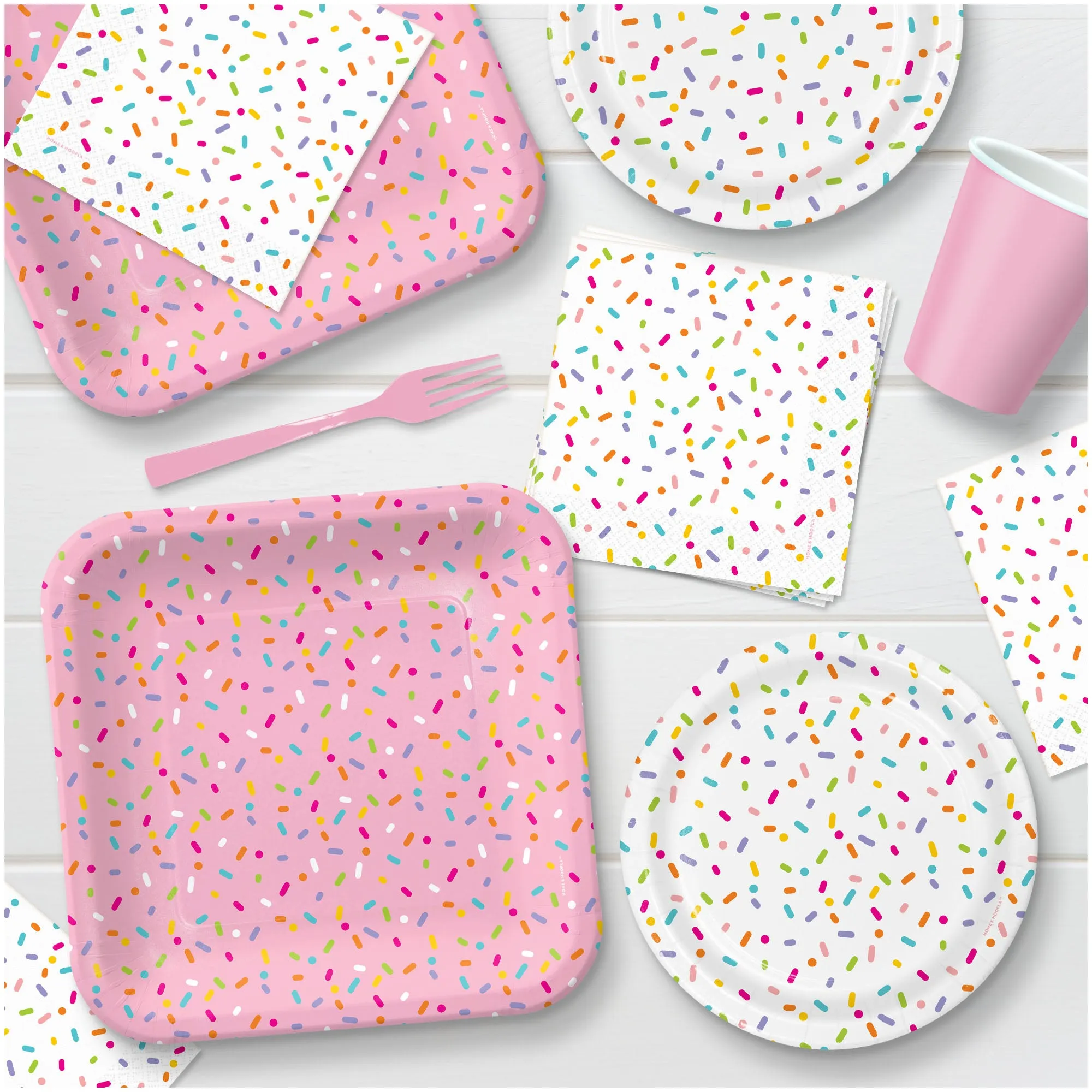 Confetti Sprinkle Party Supplies - Mix of Pink Sprinkle Paper Dinner Plates, White Dessert Plates, and Sprinkle Beverage Napkins (32 Plates & Napkins)