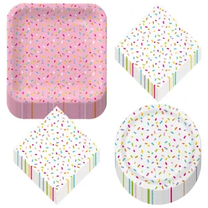 Confetti Sprinkle Party Supplies - Mix of Pink Sprinkle Paper Dinner Plates, White Dessert Plates, and Sprinkle Beverage Napkins (32 Plates & Napkins)