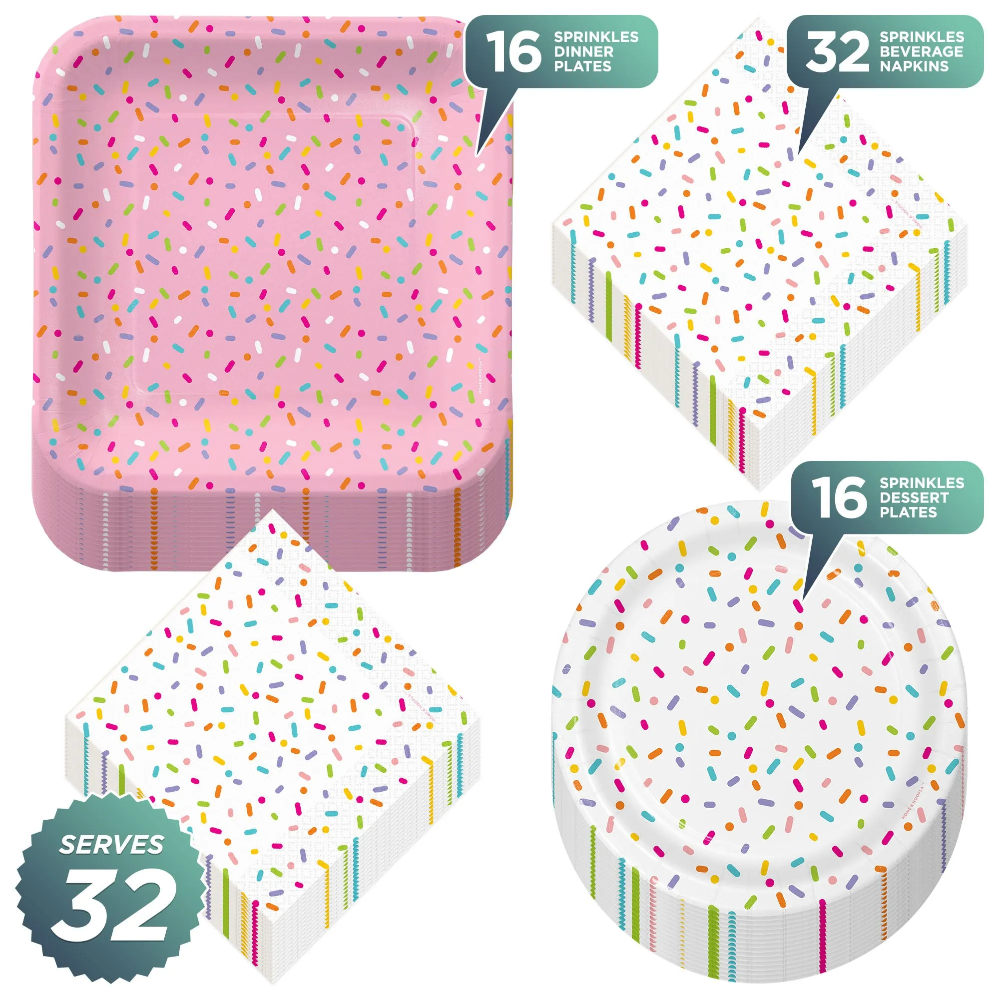 Confetti Sprinkle Party Supplies - Mix of Pink Sprinkle Paper Dinner Plates, White Dessert Plates, and Sprinkle Beverage Napkins (32 Plates & Napkins)