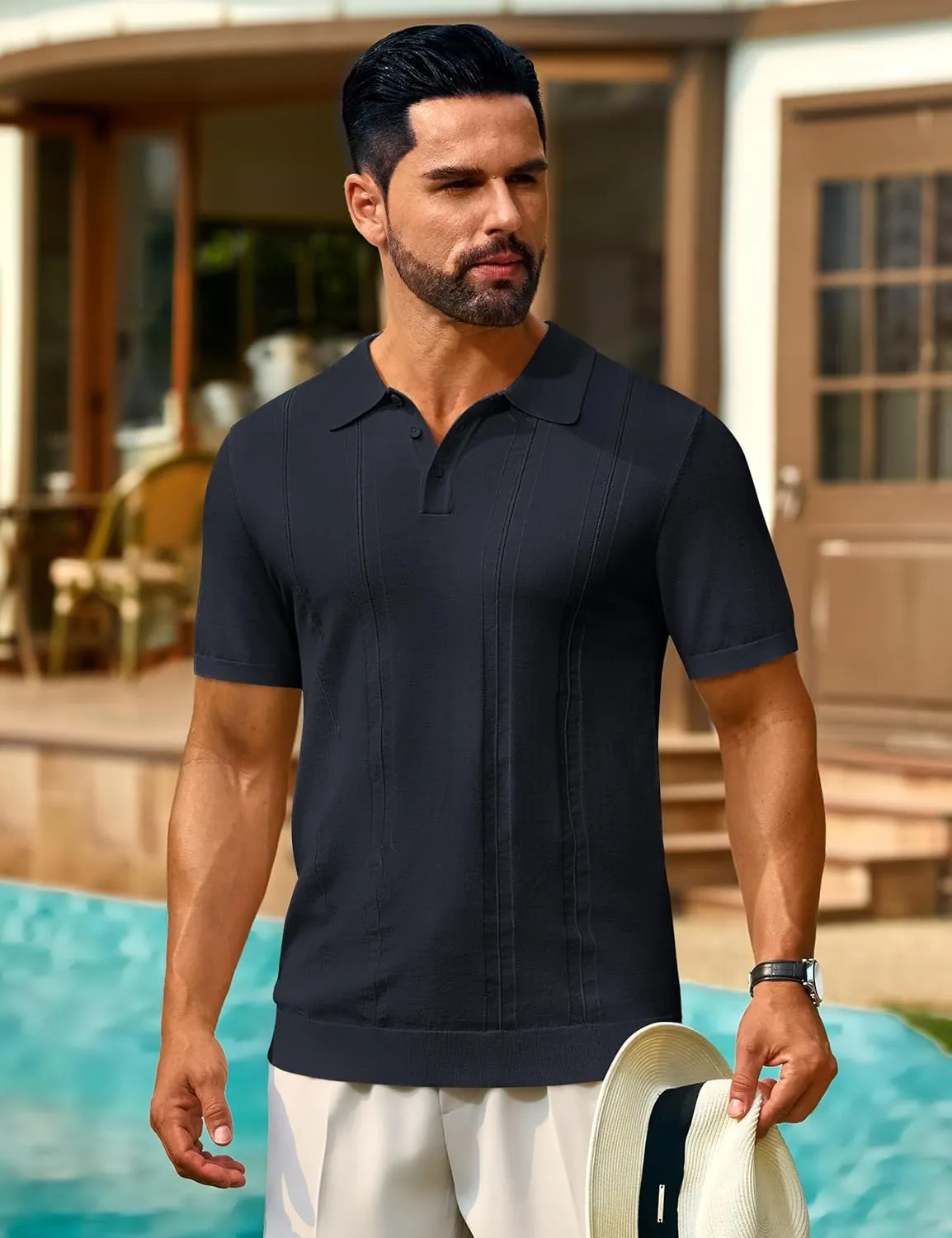 Cotrasen Men's Knit Polo Shirts Short Sleeve Collared T Shirts Slim Fit Casual Golf Polo Shirts