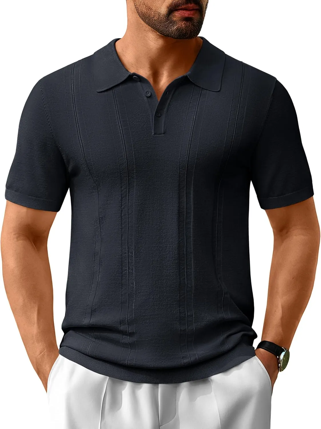 Cotrasen Men's Knit Polo Shirts Short Sleeve Collared T Shirts Slim Fit Casual Golf Polo Shirts