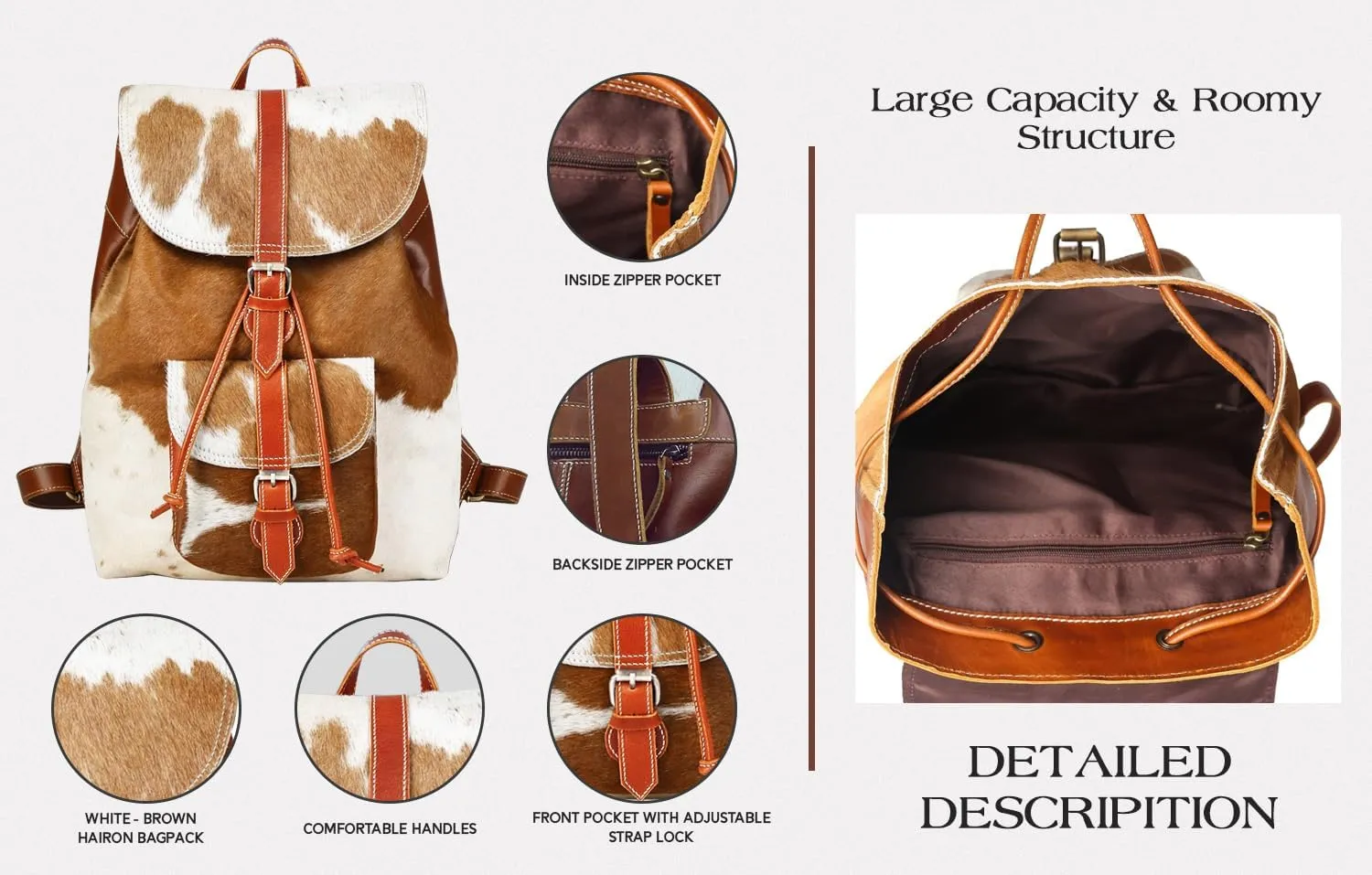 Cowhide Brown & White Leather Backpack - Hair on Real Leather Multipurpose Cow hair Printed Diaper Bag Backpack