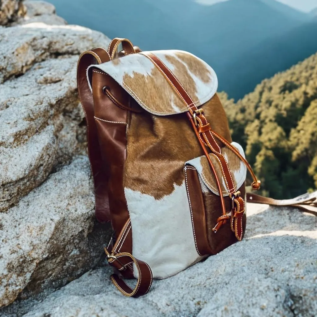 Cowhide Brown & White Leather Backpack - Hair on Real Leather Multipurpose Cow hair Printed Diaper Bag Backpack