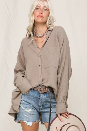 Crinkly lightweight button down oversized silhouette shirt with single pocket
