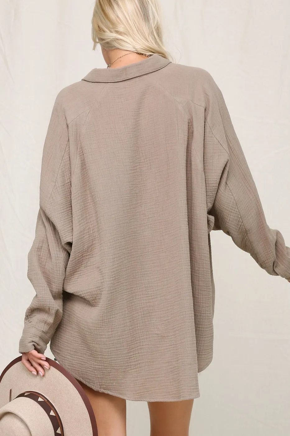 Crinkly lightweight button down oversized silhouette shirt with single pocket