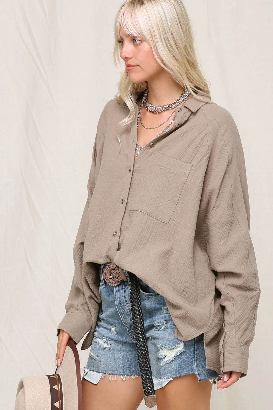 Crinkly lightweight button down oversized silhouette shirt with single pocket