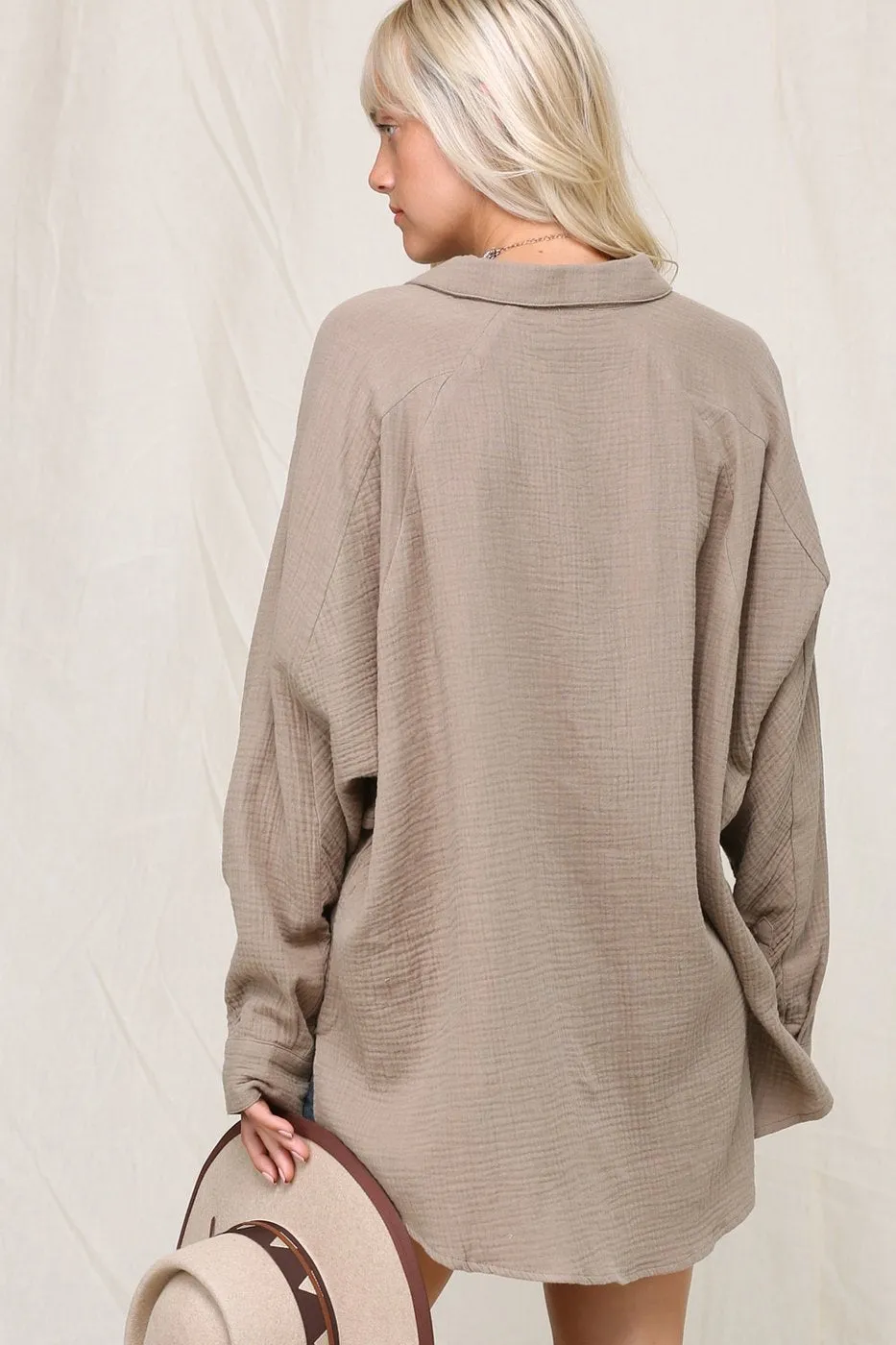 Crinkly lightweight button down oversized silhouette shirt with single pocket