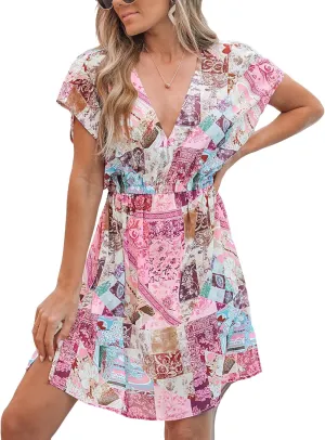 CUPSHE Women's Summer Dress Short Sleeve Elastic Waist Beach Swimwear Cover Ups Casual Mini Sundress