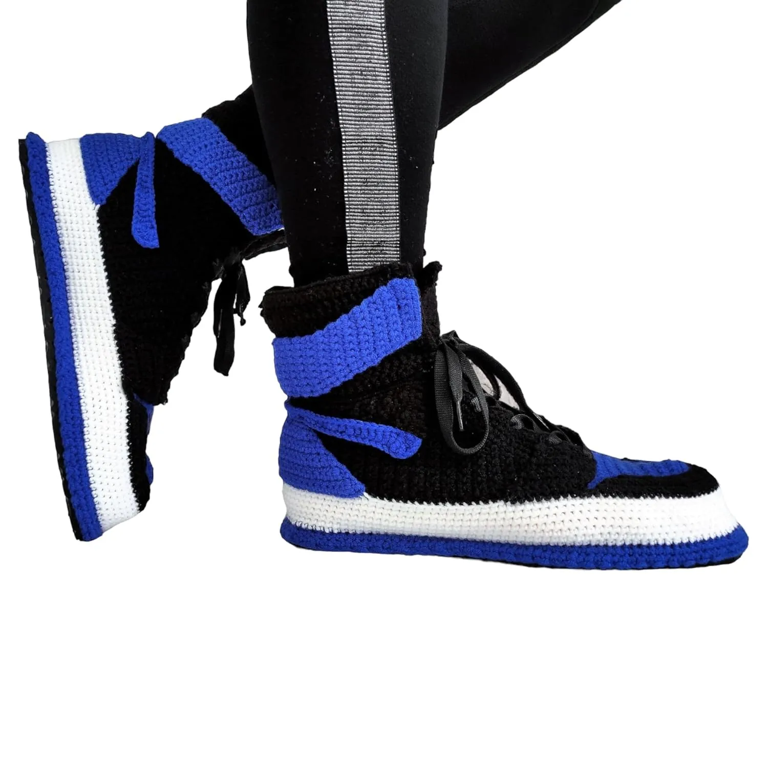Custom Hand-Knit Basketball-Inspired Blue Sneakers Slippers, Handmade Customizable Comfortable Shoes, Unisex Cozy Personalized Plush Socks