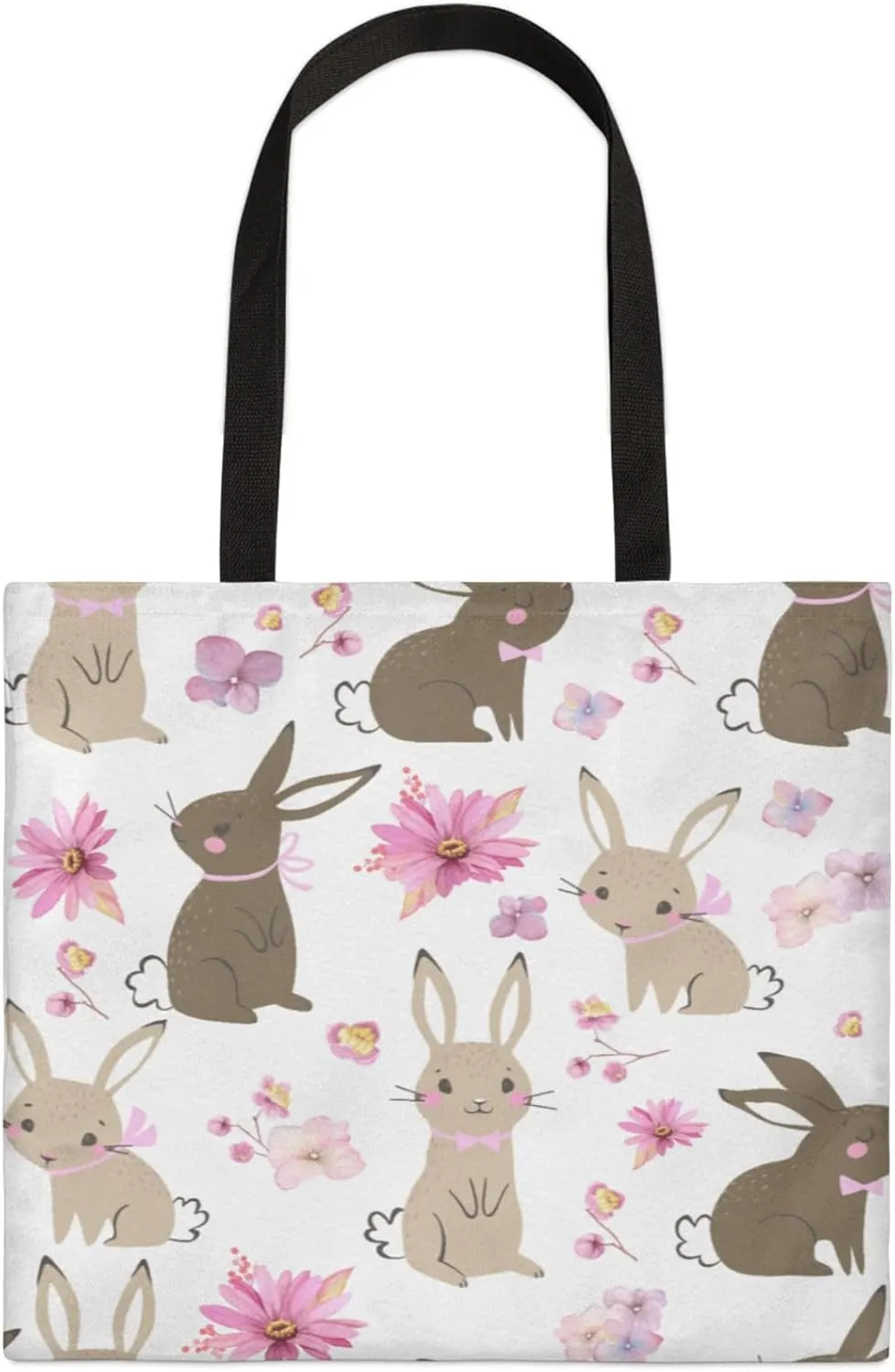 Cute Cartoon Rabbit Flower Square Canvas Tote Bag Top Handle Purses Stylish Women Canvas Shoulder Tote Bags Reusable Handbags for Work Travel Picnic Beach Shopping Gym Hiking