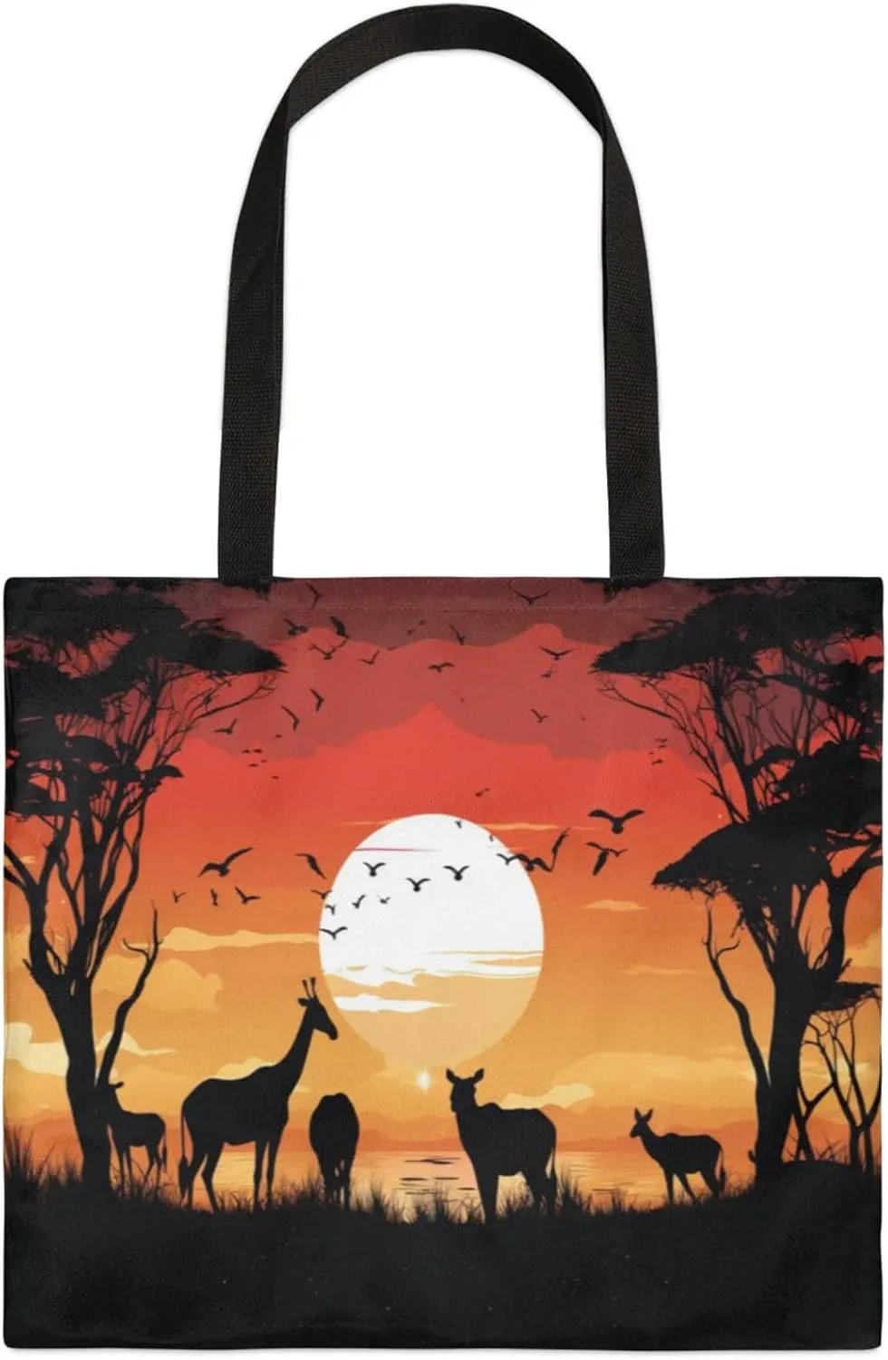 Deer Bird Tree Sunset Silhouette Square Canvas Tote Bag Top Handle Purses Stylish Women Canvas Shoulder Tote Bags Reusable Handbags for Work Travel Picnic Beach Shopping Gym Hiking