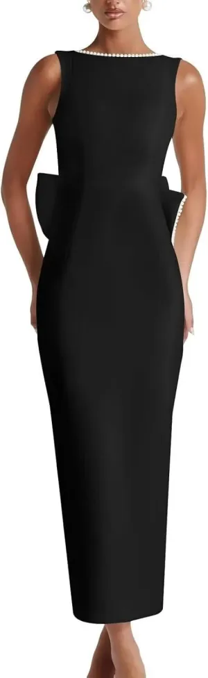 Dessiny Pearl Satin Cocktail Dress with Bow Back Bodycon 2025 Midi Formal Party Gowns for Women DE454