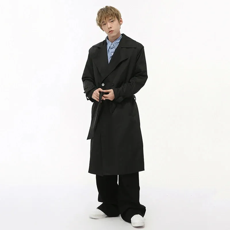 Double Breasted Men's Trench Belt Solid Color Long Menwear Korean Style Overknee Male Windbreakers New Simple 2024 9C7431