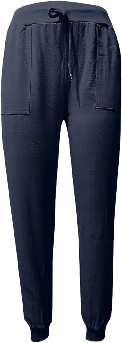 Drawstring Cotton Linen Pants for Women Elastic High Waist Plue Size Lounge Trousers Relaxed Fit Stretch Casual Tapered Pants