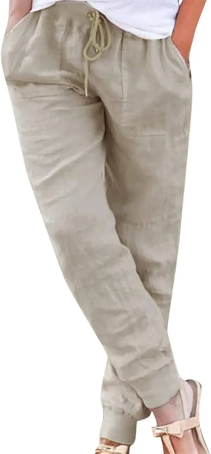 Drawstring Cotton Linen Pants for Women Elastic High Waist Plue Size Lounge Trousers Relaxed Fit Stretch Casual Tapered Pants