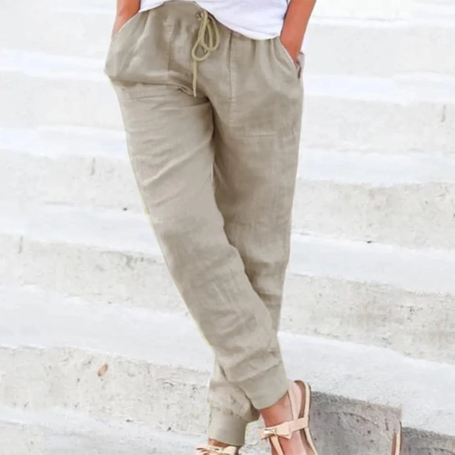 Drawstring Cotton Linen Pants for Women Elastic High Waist Plue Size Lounge Trousers Relaxed Fit Stretch Casual Tapered Pants