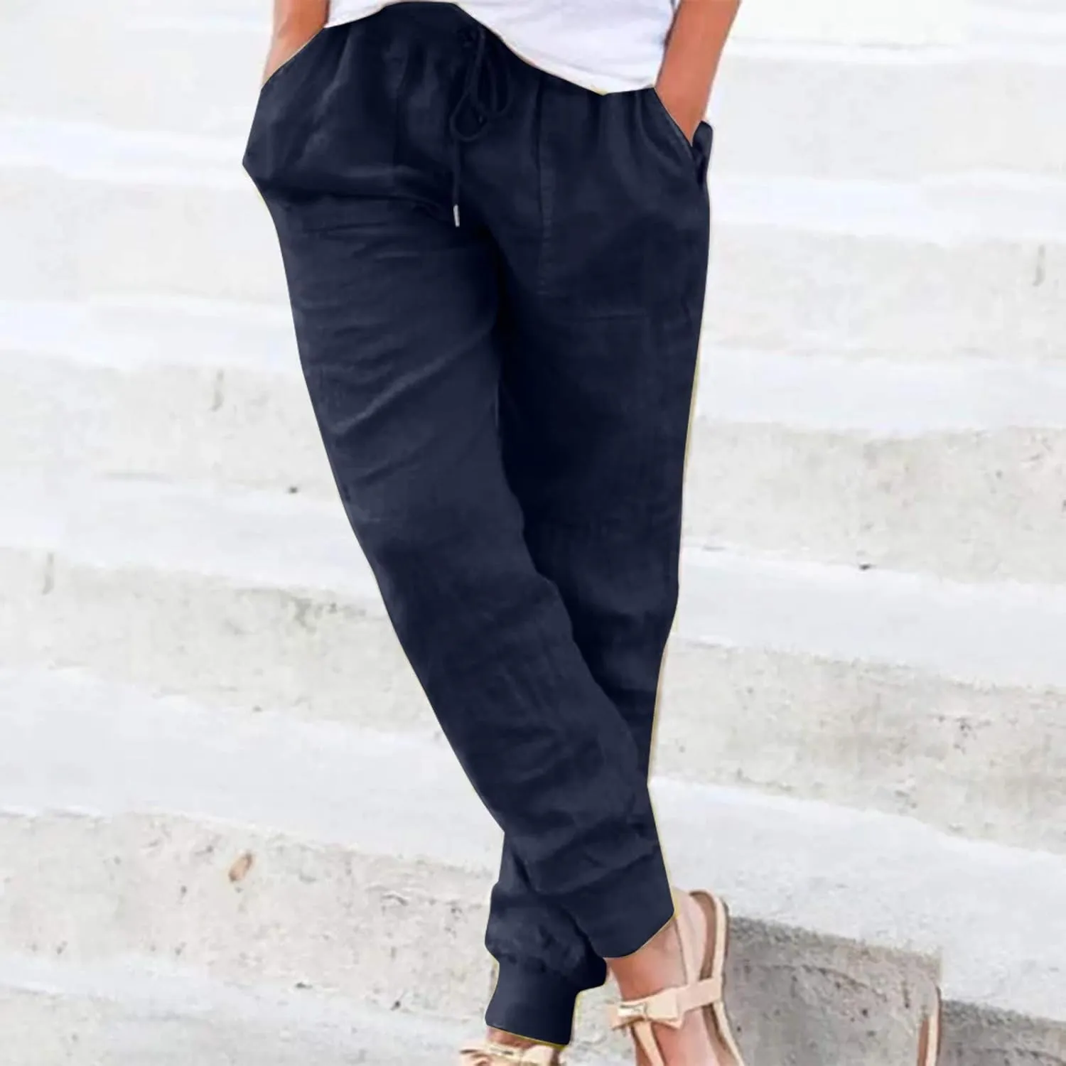 Drawstring Cotton Linen Pants for Women Elastic High Waist Plue Size Lounge Trousers Relaxed Fit Stretch Casual Tapered Pants