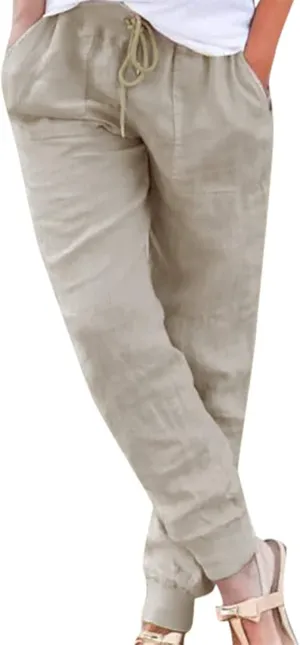 Drawstring Cotton Linen Pants for Women Elastic High Waist Plue Size Lounge Trousers Relaxed Fit Stretch Casual Tapered Pants