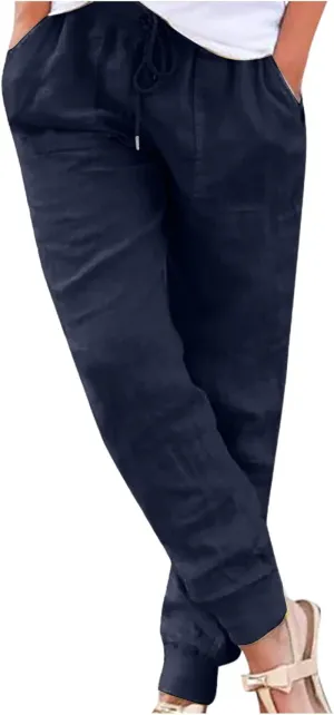 Drawstring Cotton Linen Pants for Women Elastic High Waist Plue Size Lounge Trousers Relaxed Fit Stretch Casual Tapered Pants