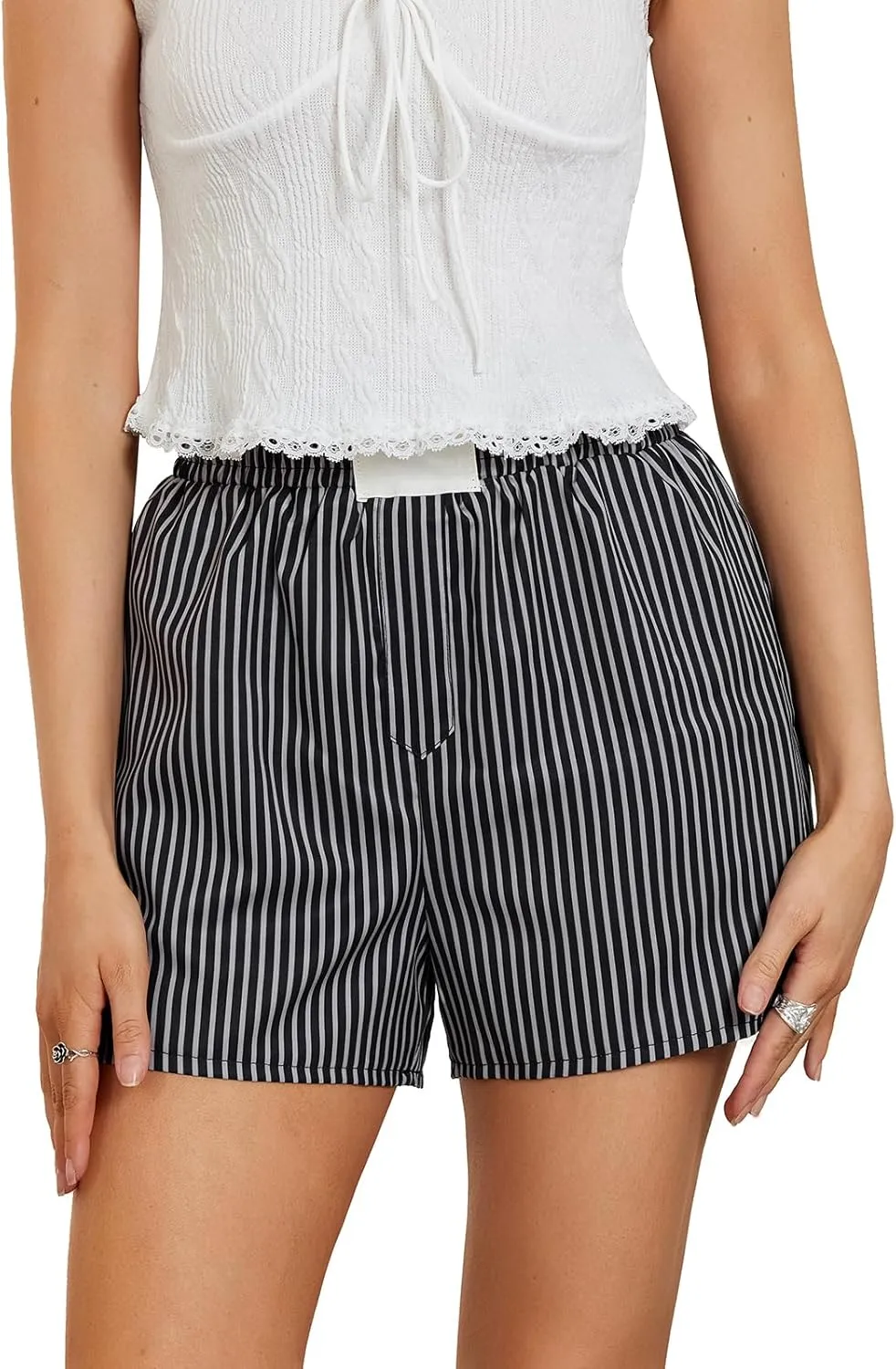 DSORVICD Women Boxer Shorts Y2k Striped Elastic Waist Wide Leg Lounge Shorts Baggy Pajamas Shorts Sleep Pj Micro Shorts