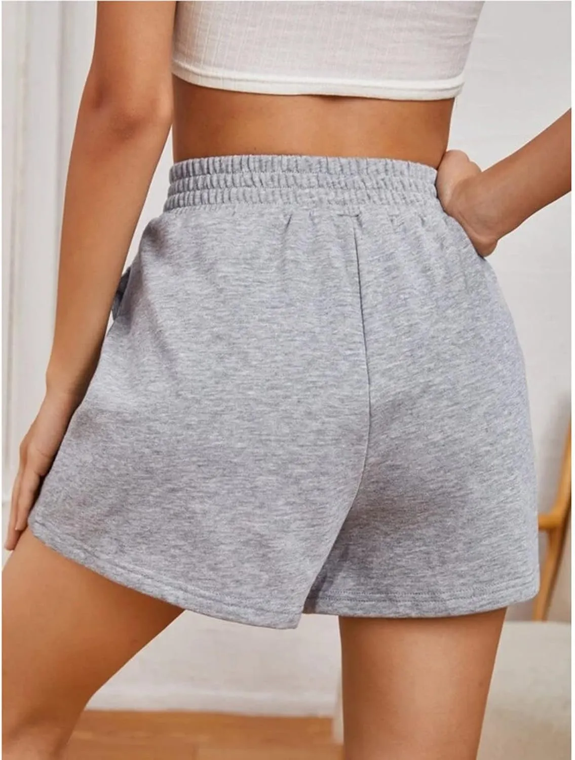 Elastic Waist Sports Shorts Women High Waisted Workout Shorts Wide Leg Sweat Shorts Loose Gym Shorts with Pockets