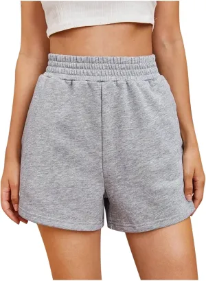 Elastic Waist Sports Shorts Women High Waisted Workout Shorts Wide Leg Sweat Shorts Loose Gym Shorts with Pockets