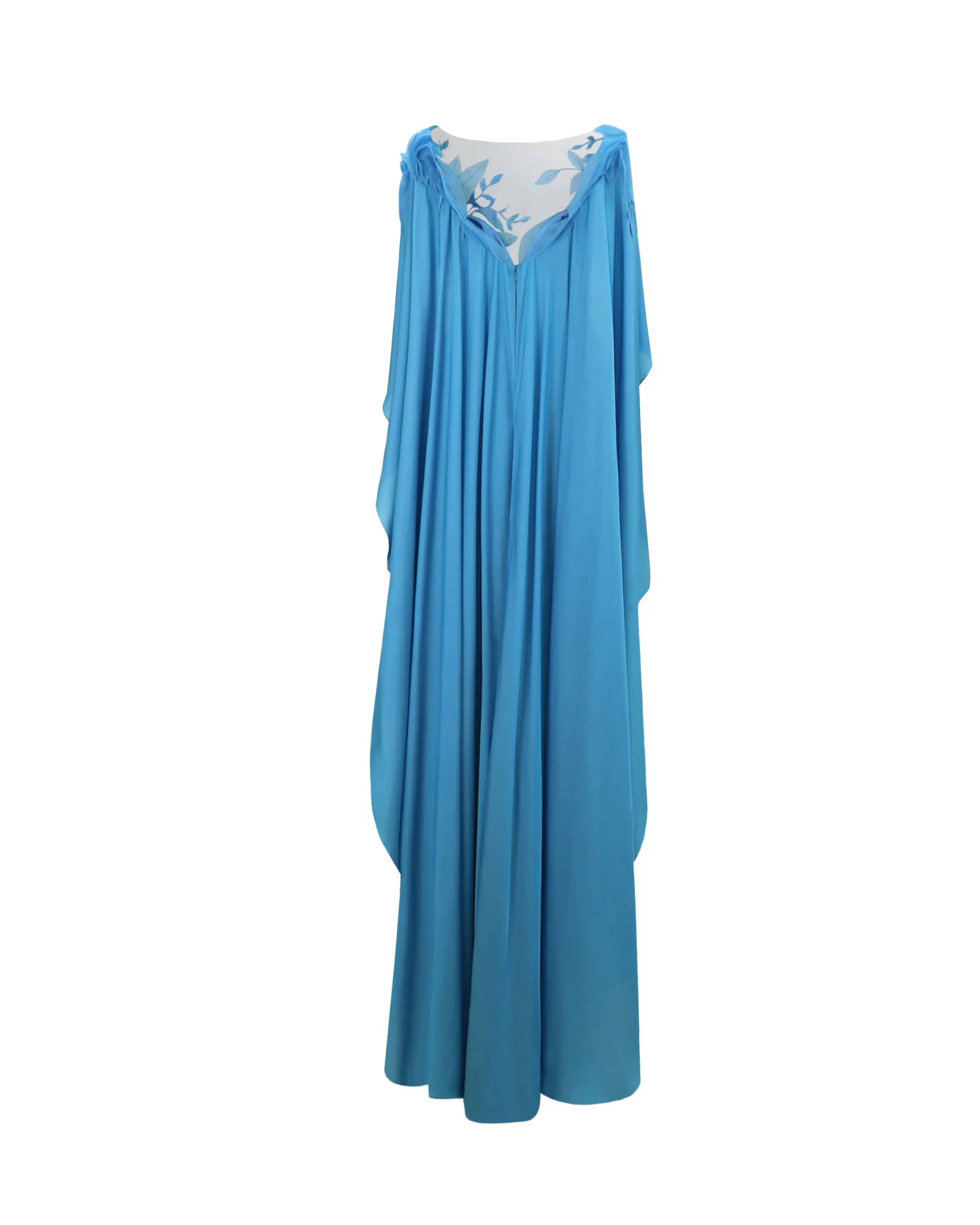 Embroidered Dress with Ruffled Cape-Like Sleeves