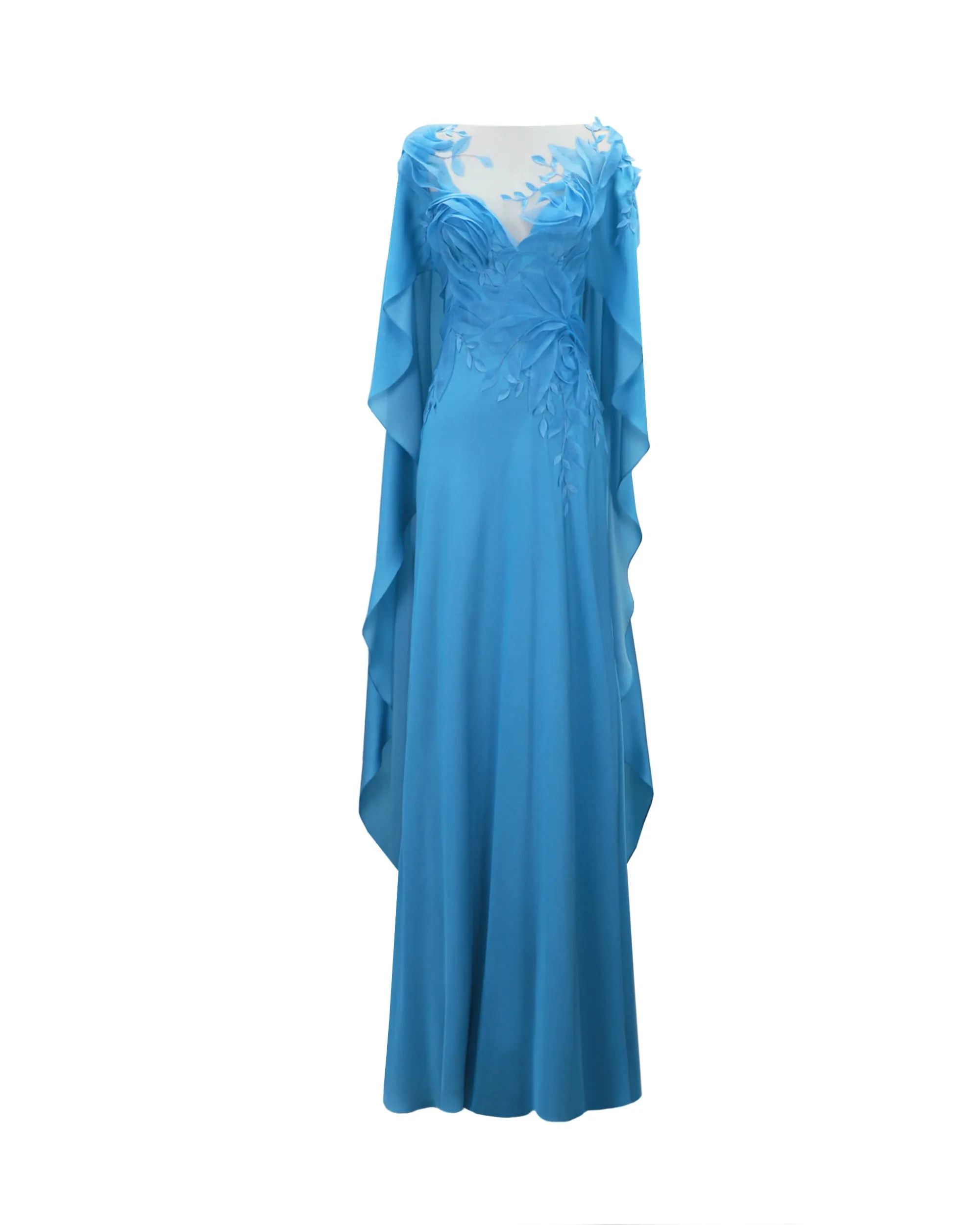 Embroidered Dress with Ruffled Cape-Like Sleeves