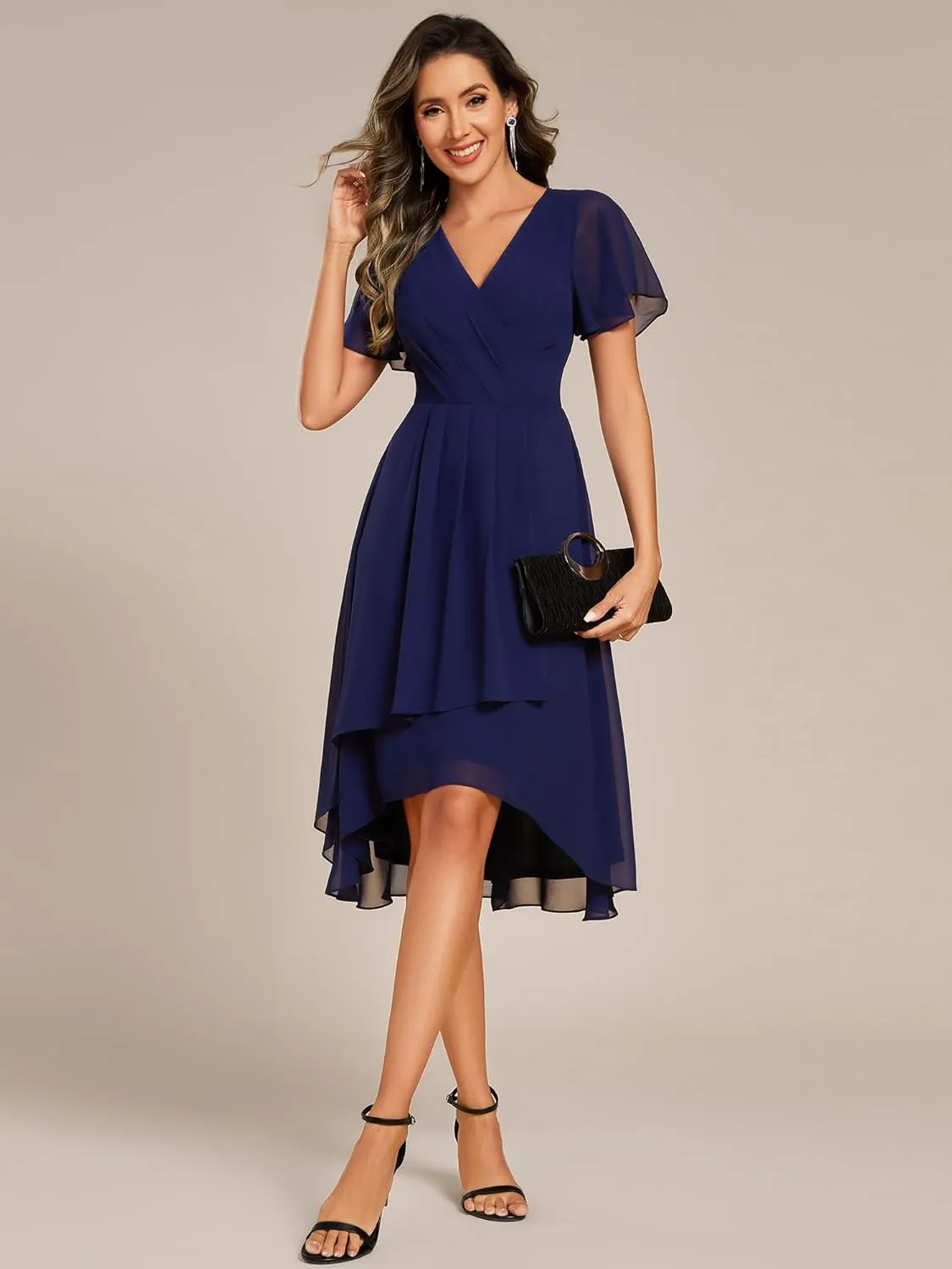 Ever-Pretty Women's Classic V Neck Pleated Short Sleeves Chiffon Hi-Lo Midi Wedding Guest Dress 03084
