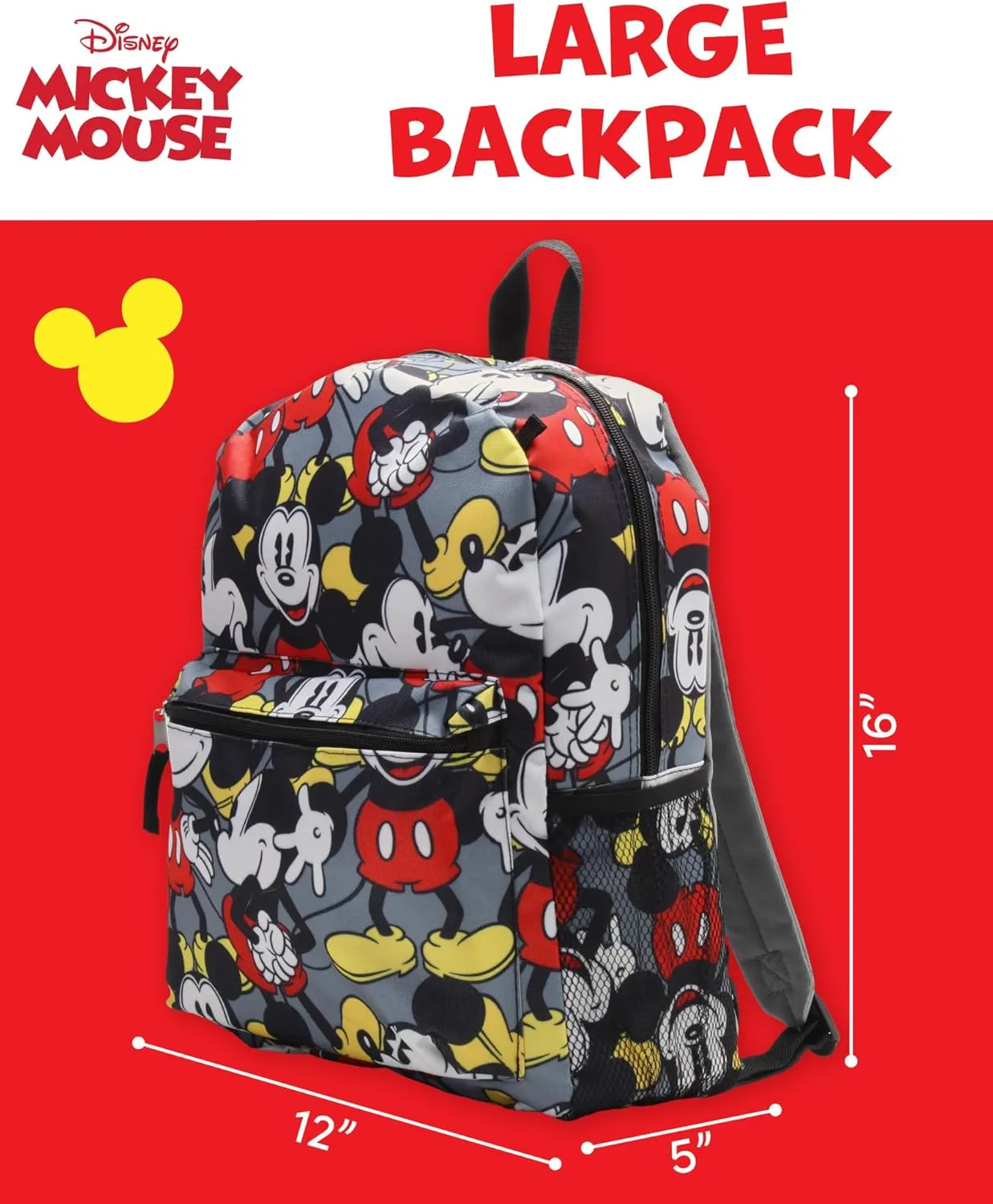 Fast Forward Disney Mickey Mouse Kids Backpack for School - 16" Boys Backpack Bookbag for Preschool Kindergarten & Elementary, Size One Size, Mickey Grey