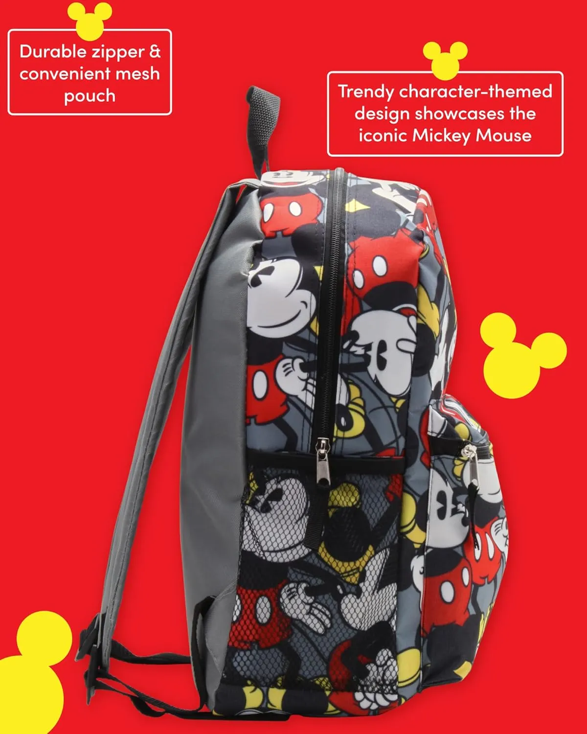 Fast Forward Disney Mickey Mouse Kids Backpack for School - 16" Boys Backpack Bookbag for Preschool Kindergarten & Elementary, Size One Size, Mickey Grey