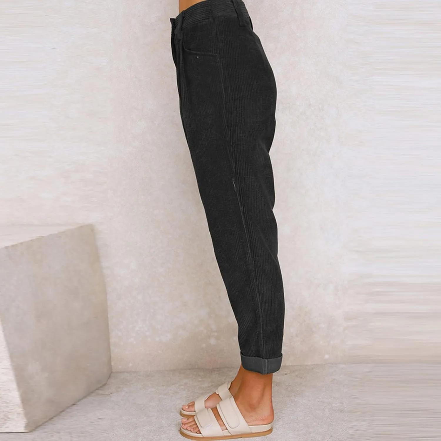 Febecool Cargo Pants Women High Waist Casual Pants Solid Color Corduroy Loose Straight Leg Trousers Women