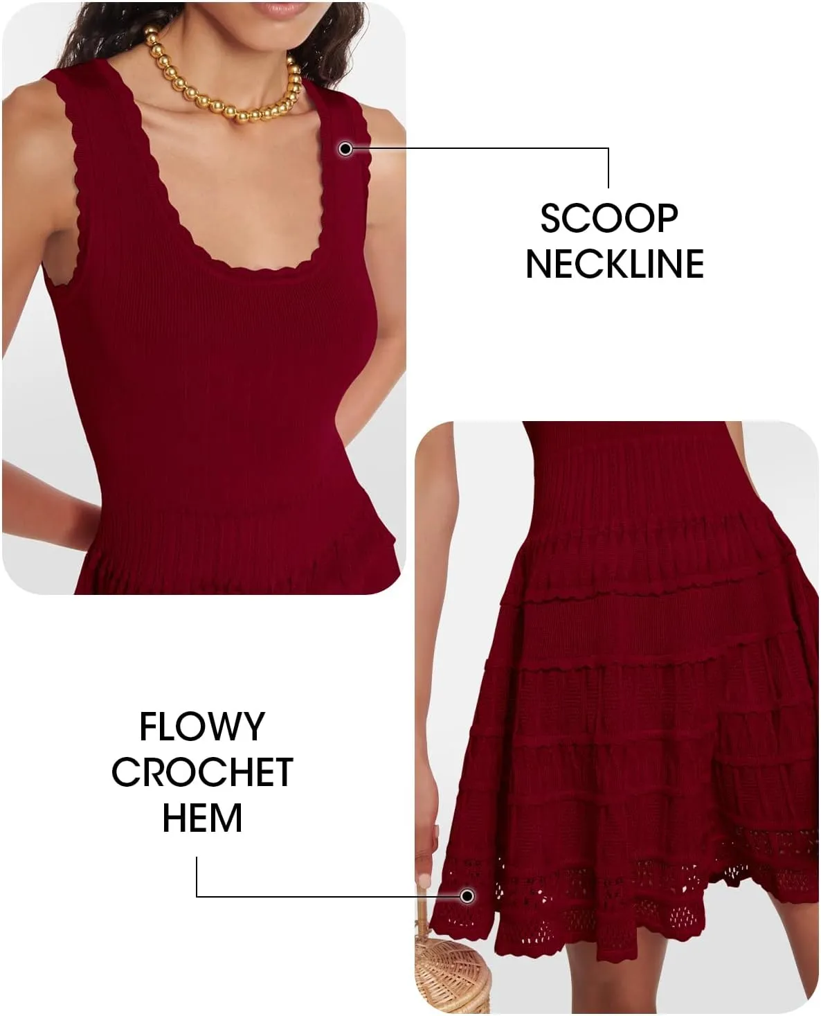 Fisoew Womens Summer Mini Dresses Casual Crewneck Knitted Crochet Hem Flowy Tank Sundress