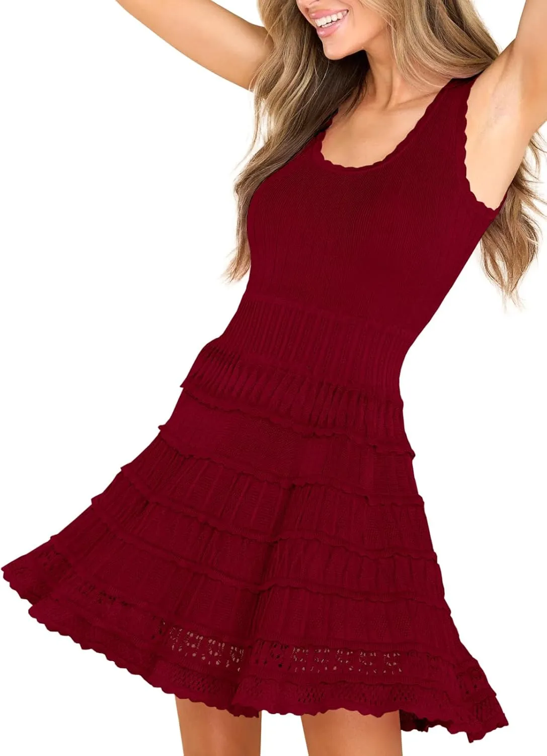 Fisoew Womens Summer Mini Dresses Casual Crewneck Knitted Crochet Hem Flowy Tank Sundress