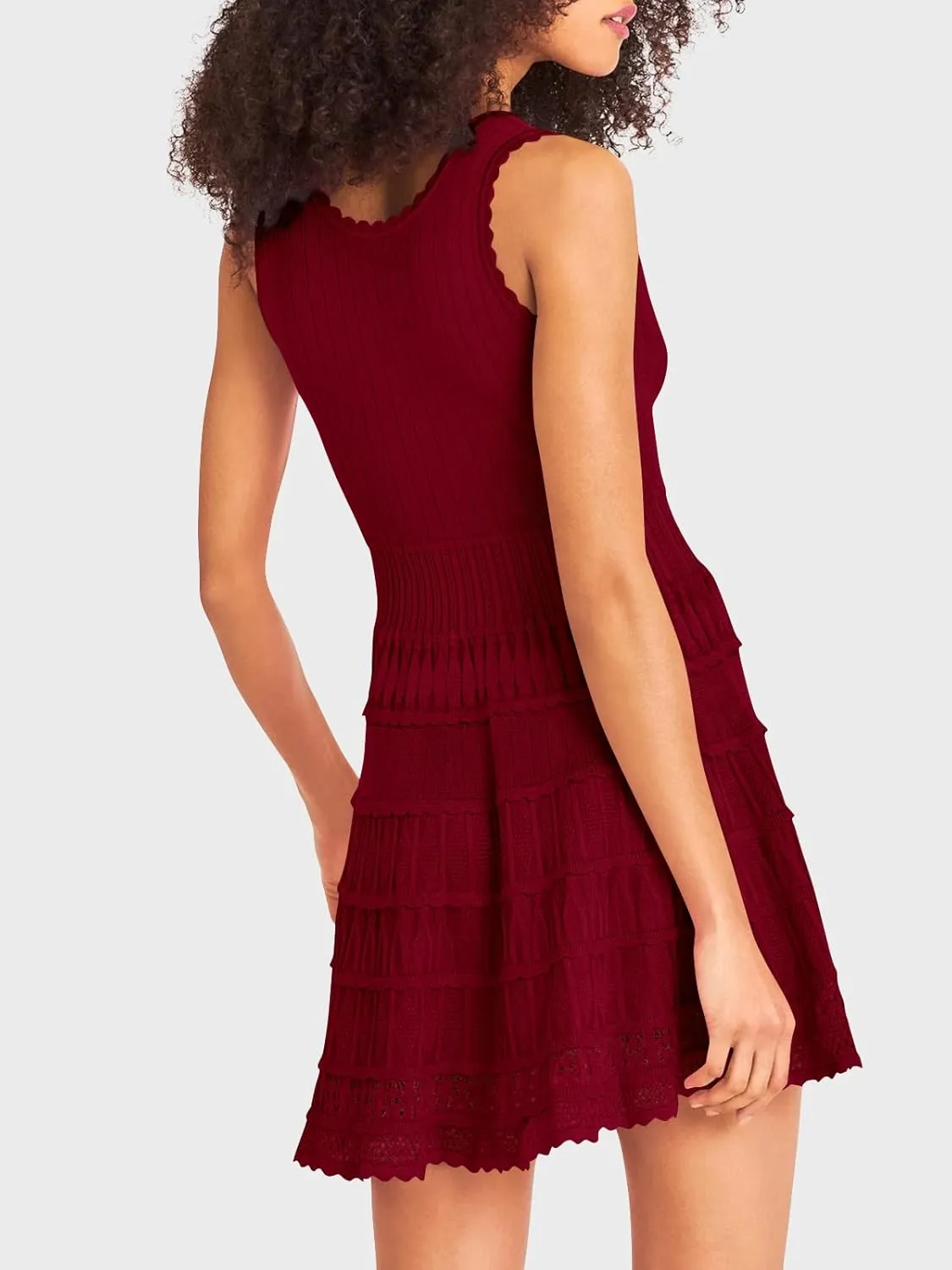 Fisoew Womens Summer Mini Dresses Casual Crewneck Knitted Crochet Hem Flowy Tank Sundress