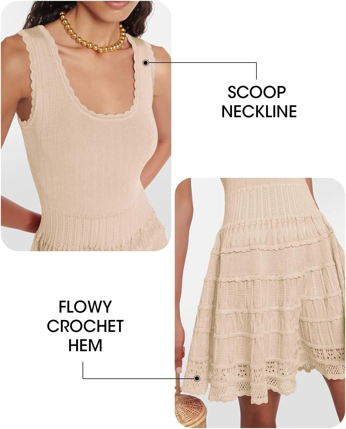 Fisoew Womens Summer Mini Dresses Casual Crewneck Knitted Crochet Hem Flowy Tank Sundress