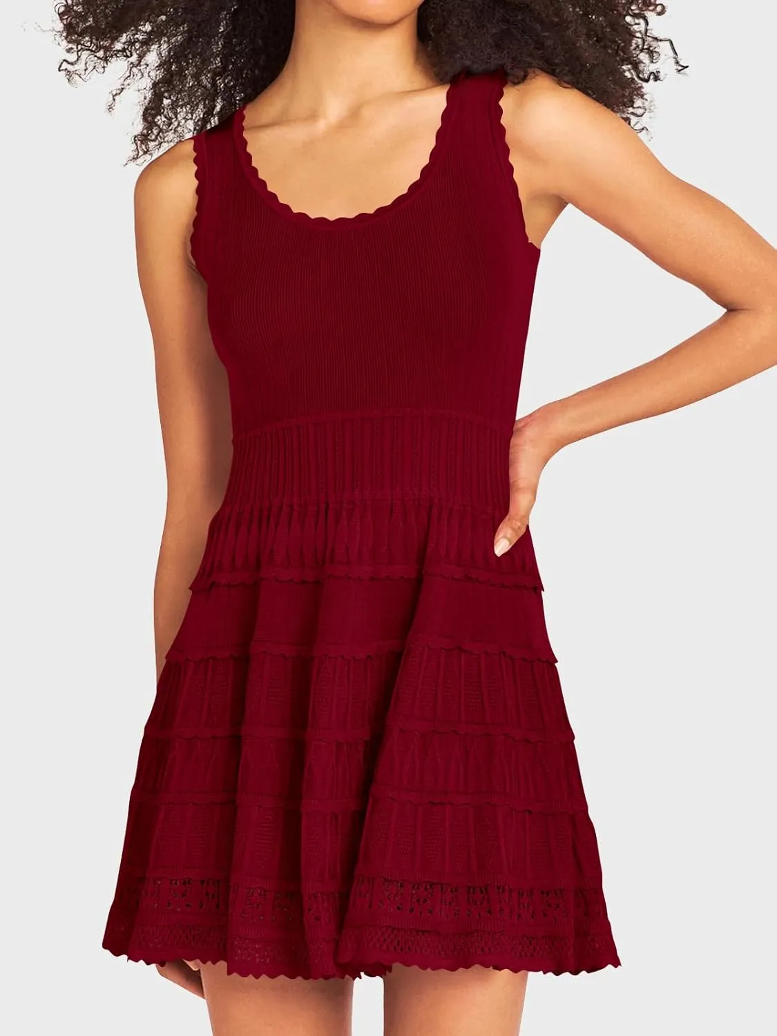 Fisoew Womens Summer Mini Dresses Casual Crewneck Knitted Crochet Hem Flowy Tank Sundress