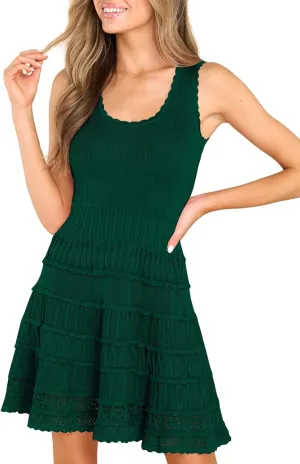 Fisoew Womens Summer Mini Dresses Casual Crewneck Knitted Crochet Hem Flowy Tank Sundress