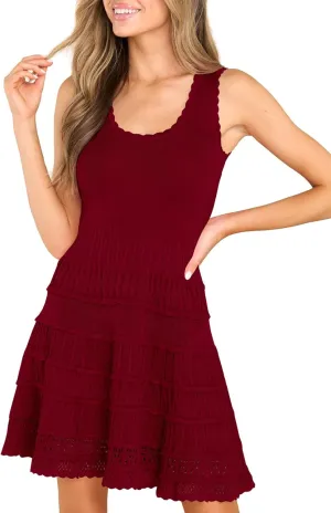 Fisoew Womens Summer Mini Dresses Casual Crewneck Knitted Crochet Hem Flowy Tank Sundress