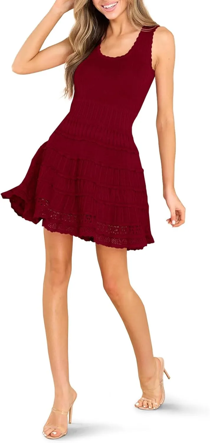 Fisoew Womens Summer Mini Dresses Casual Crewneck Knitted Crochet Hem Flowy Tank Sundress