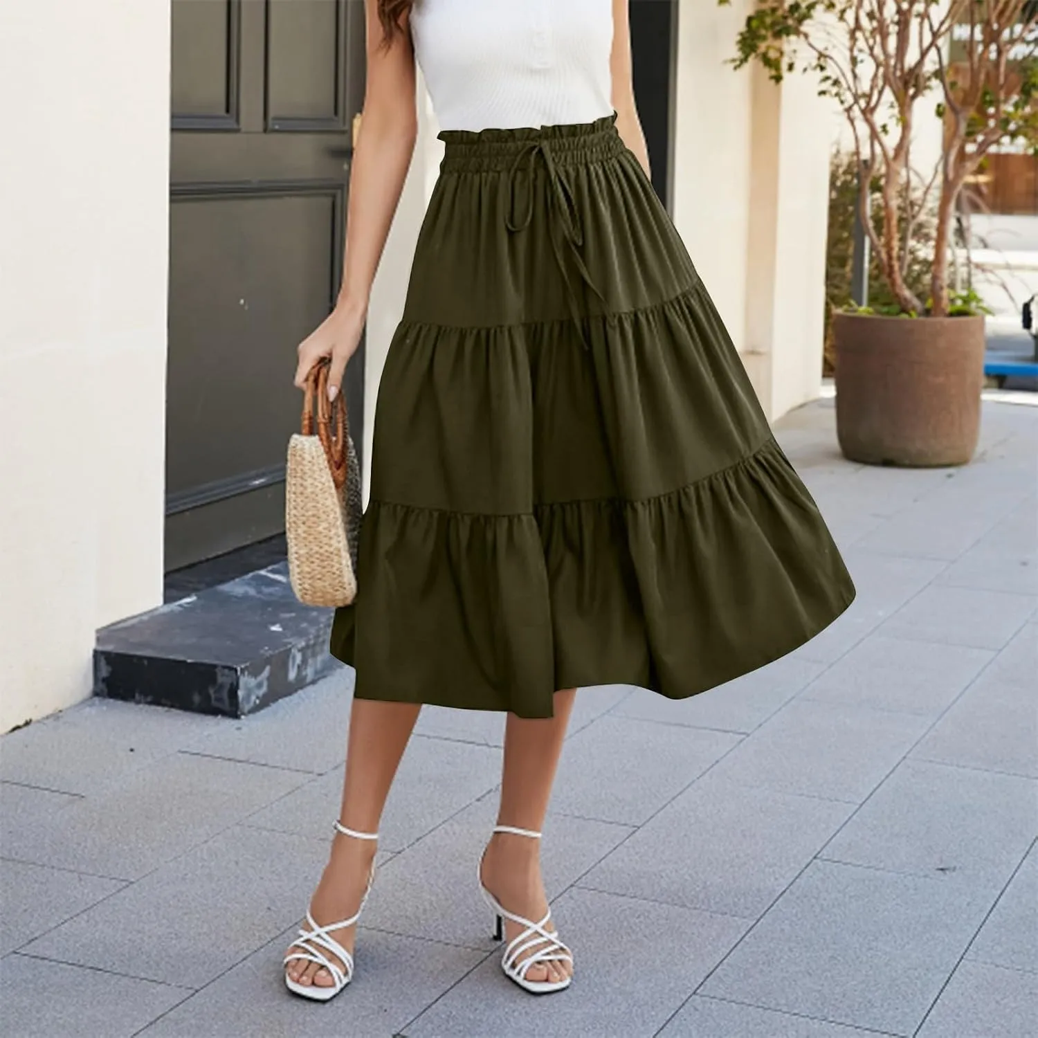 Floral Midi Skirts for Women Summer Boho High Waisted Tiered Skirt 2025 Beach Stretchy Flowy Swing Skirt with Drawstring