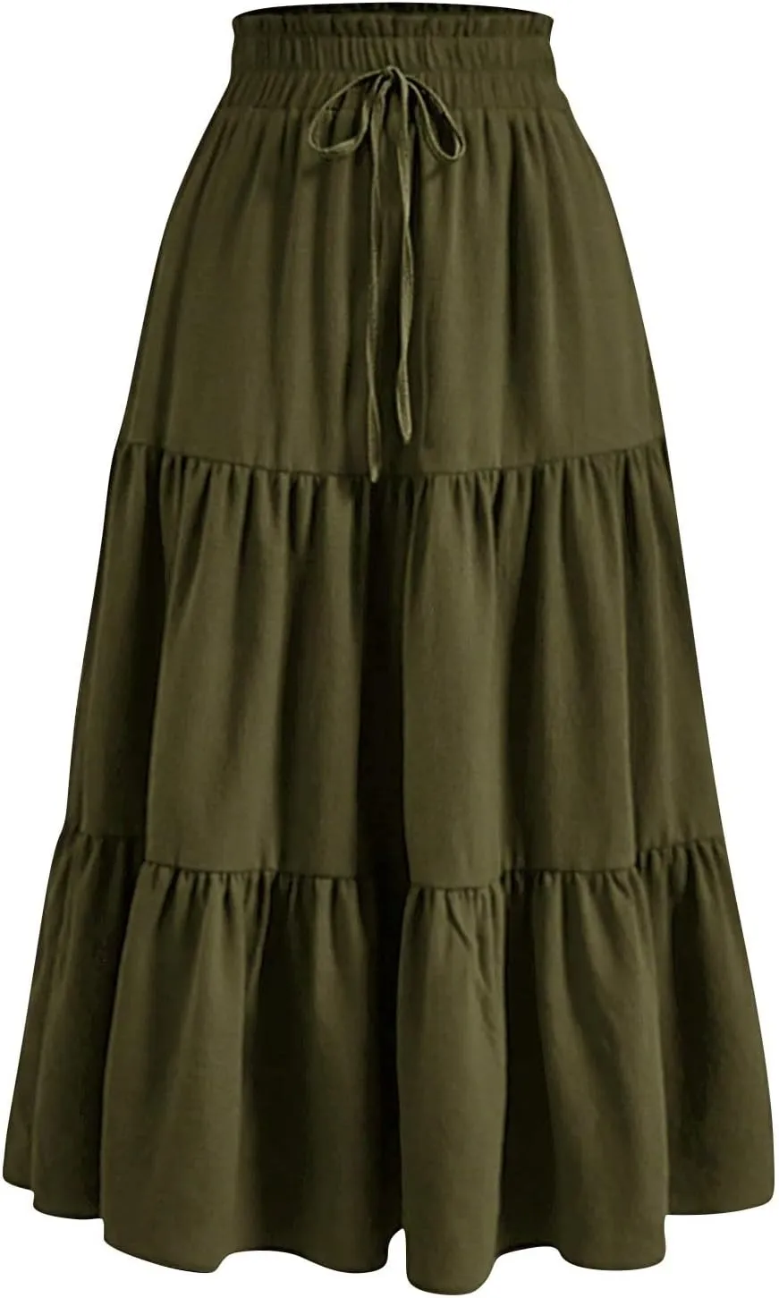 Floral Midi Skirts for Women Summer Boho High Waisted Tiered Skirt 2025 Beach Stretchy Flowy Swing Skirt with Drawstring