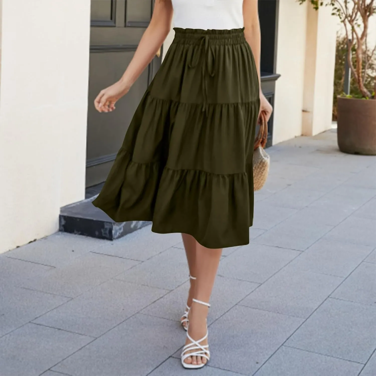 Floral Midi Skirts for Women Summer Boho High Waisted Tiered Skirt 2025 Beach Stretchy Flowy Swing Skirt with Drawstring