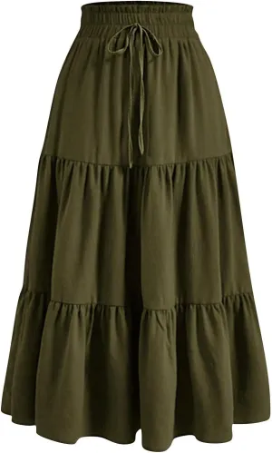 Floral Midi Skirts for Women Summer Boho High Waisted Tiered Skirt 2025 Beach Stretchy Flowy Swing Skirt with Drawstring