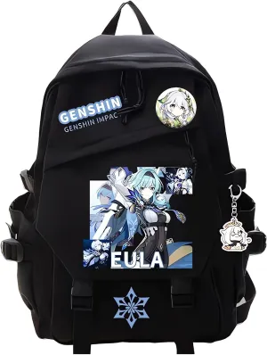 Genshin Impact Backpack Eula Backpack Cute 3D Printed Daypack Laptop 17" Large Capacity Travel Black BackPack With Gift