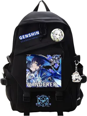 Genshin Impact Backpack Wanderer Backpack Cute 3D Printed Daypack Laptop 17" Large Capacity Travel Black BackPack With Gift